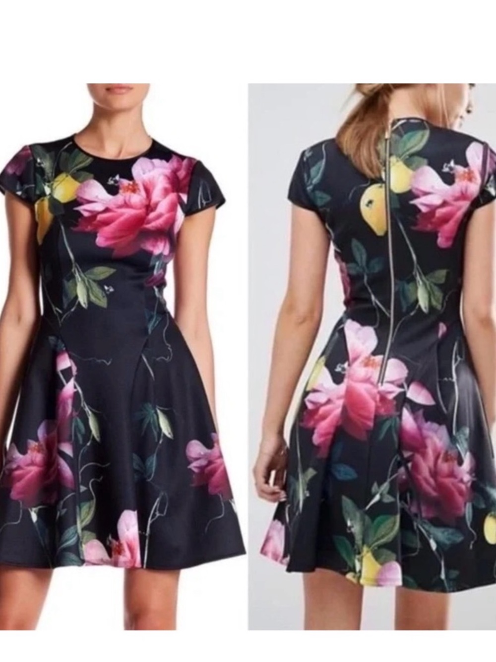 Ted Baker Floral Fit & Flare Dress in Black with Pink Blooms